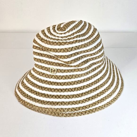 Eric Javits Sun Bucket Hat Straw Tan and White Packable - Picture 1 of 8